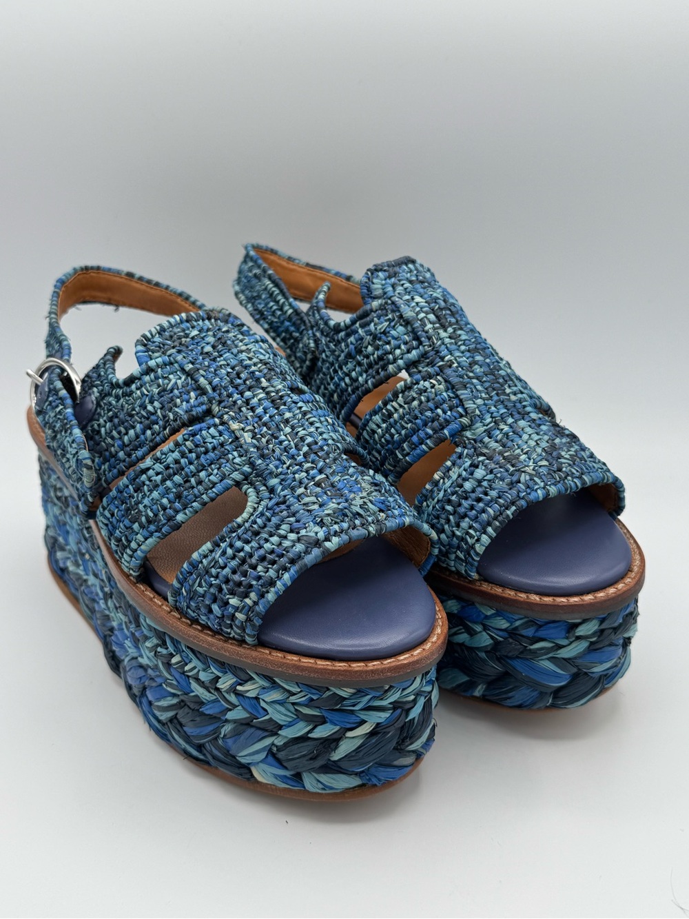 Clergerie Rafia Woven Blue Platform Sandals 7.5-8 Boho Summer